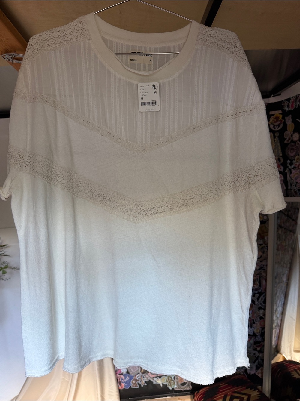 We The Free Ivory Lace Trim Short Sleeve Tee